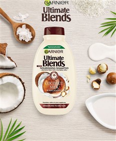 شامپو مغذی و لطافت بخش شیر نارگیل و ماکادمیای گارنیه Ultimate Blends Coco Milk حجم 400 میلی لیتر